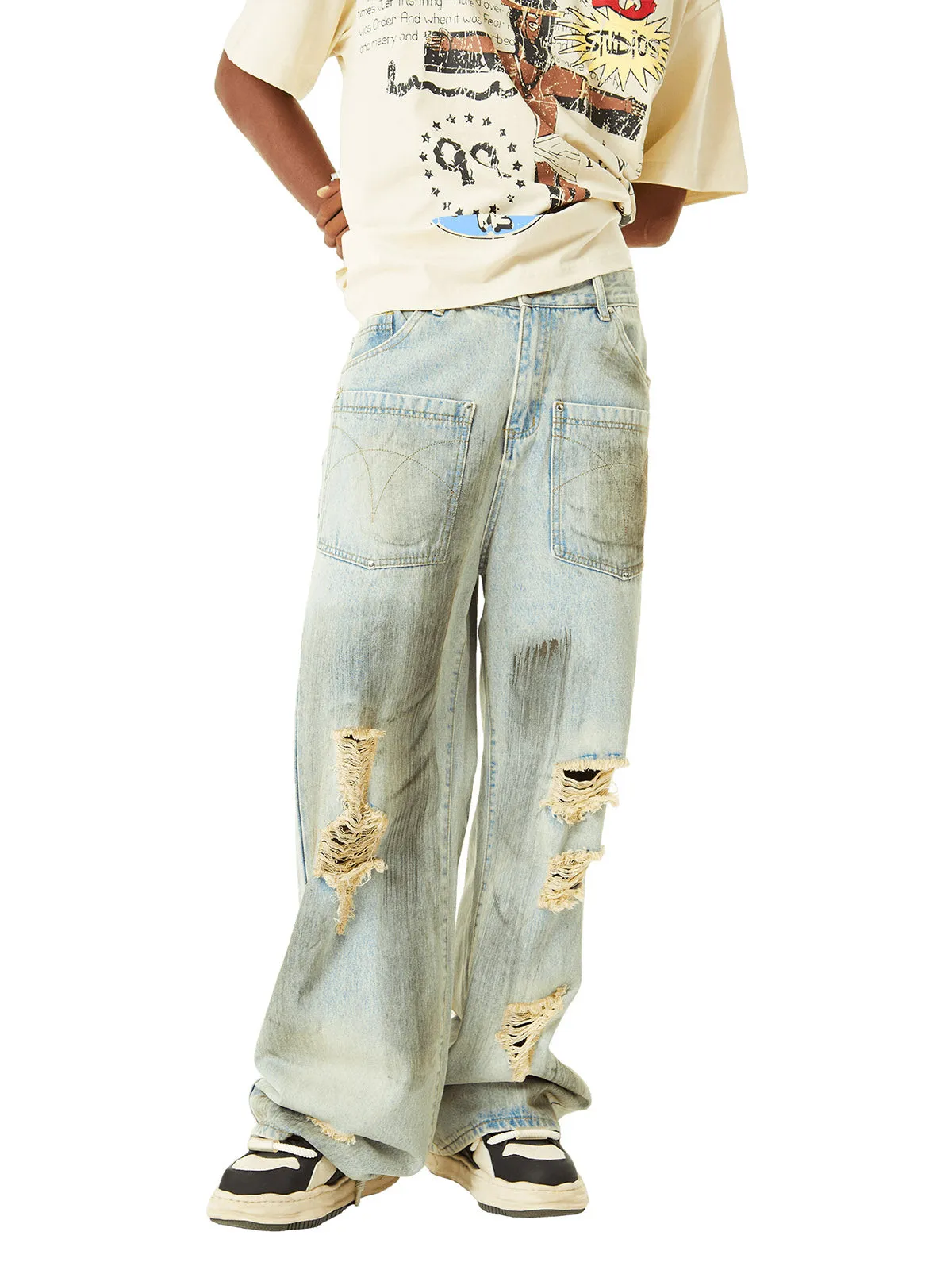 1984 Retro Washed Reverse Design Hip-Hop Jeans