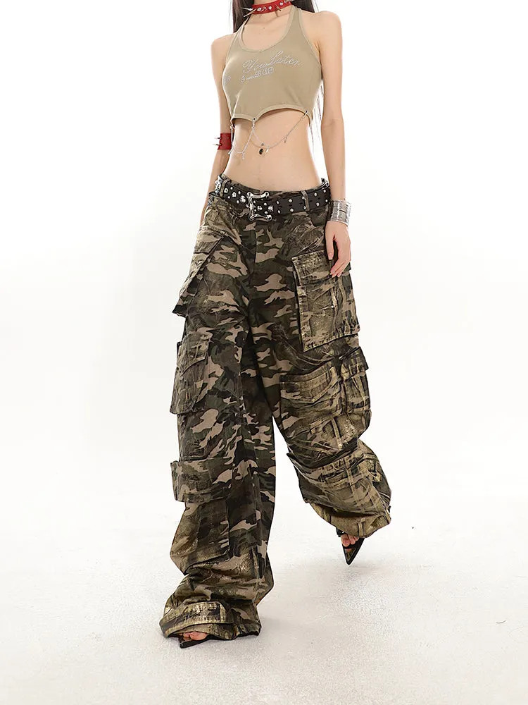 【24s June.】Retro Camo Foil Multi-pocket Baggy Jeans