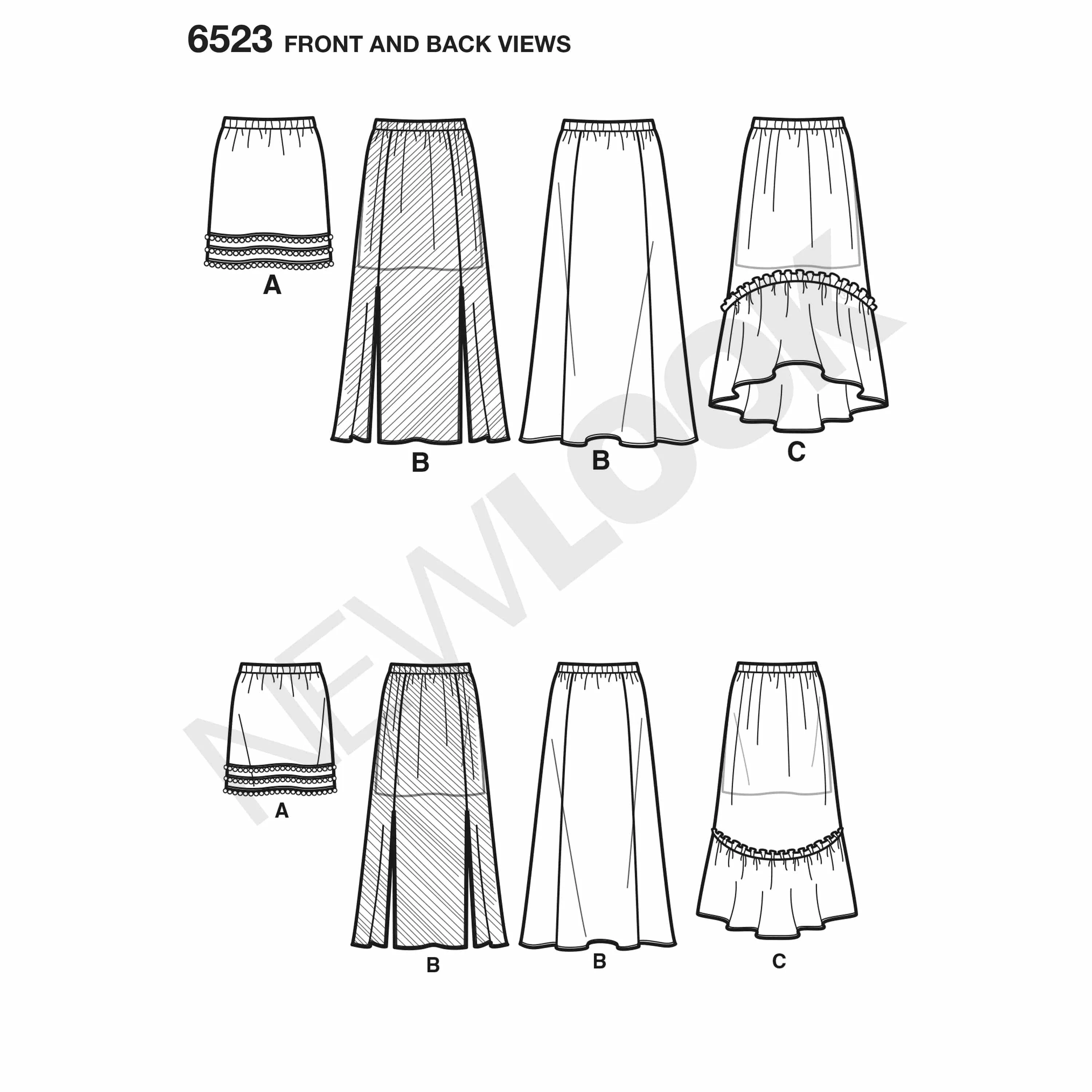 6523 New Look Pattern 6523 Girls' Skirts with Length and Fabric Variations