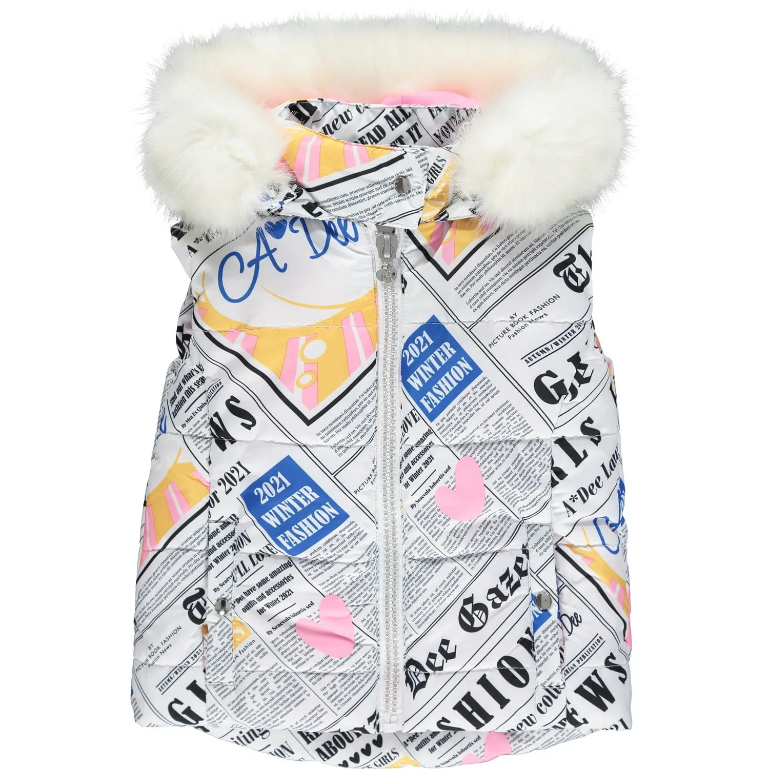 White Gazette Newspaper Print Gilet by A DEE