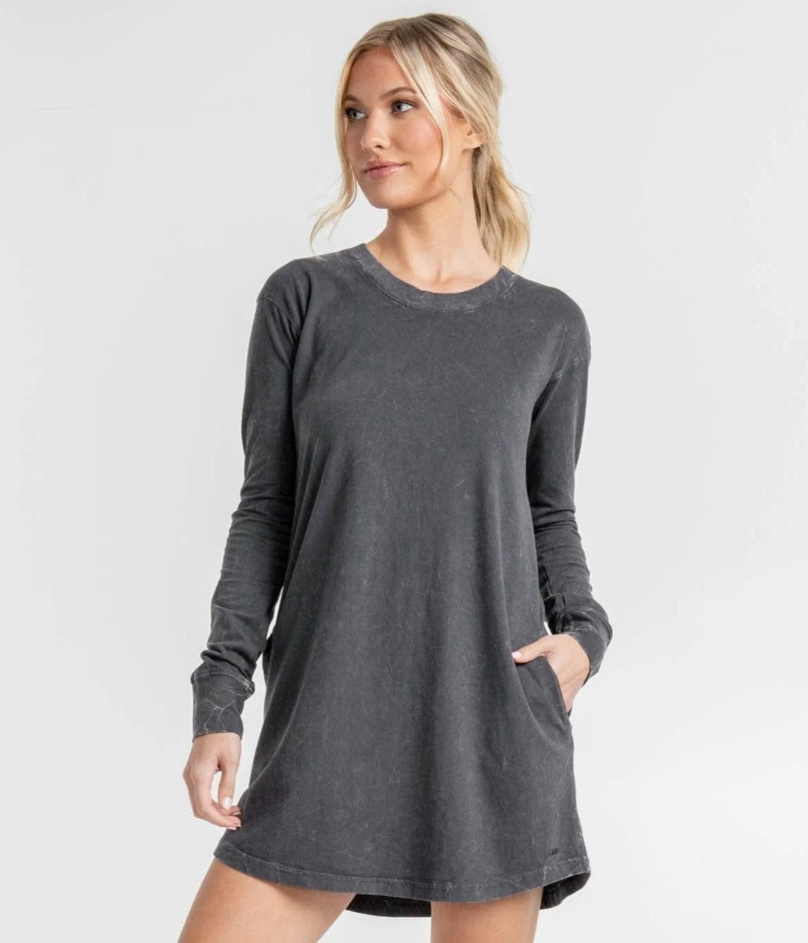 Acid Wash Tee Dress LS - Gunmetal