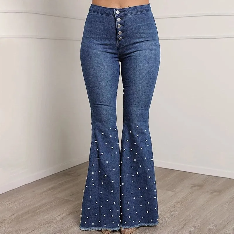 BerriesJam - 2024 Solid Beading Flared High Waist Single-breasted Jeans