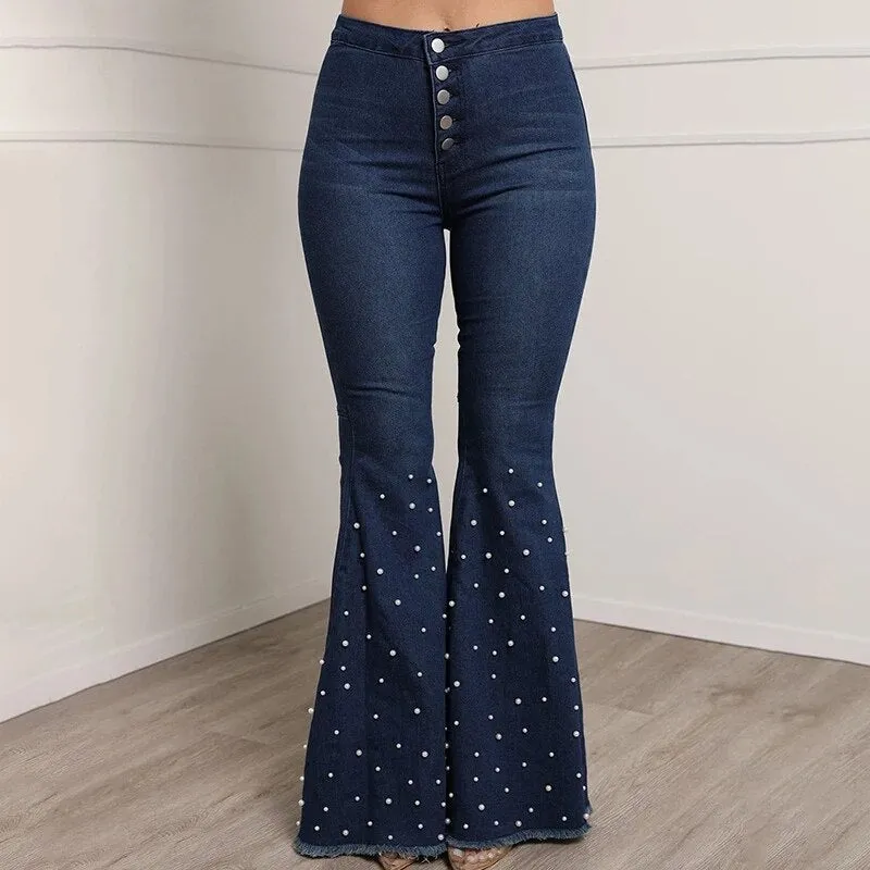 BerriesJam - 2024 Solid Beading Flared High Waist Single-breasted Jeans