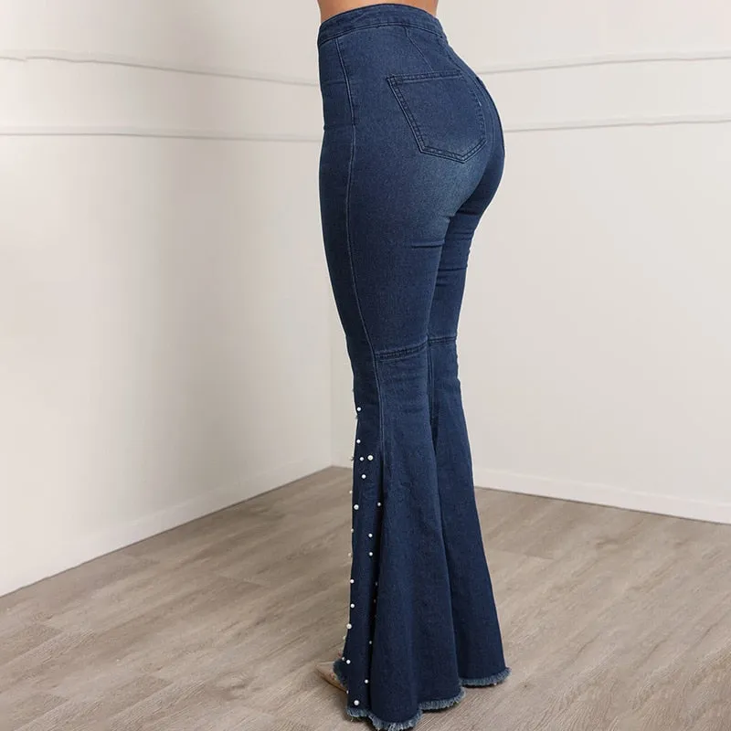 BerriesJam - 2024 Solid Beading Flared High Waist Single-breasted Jeans