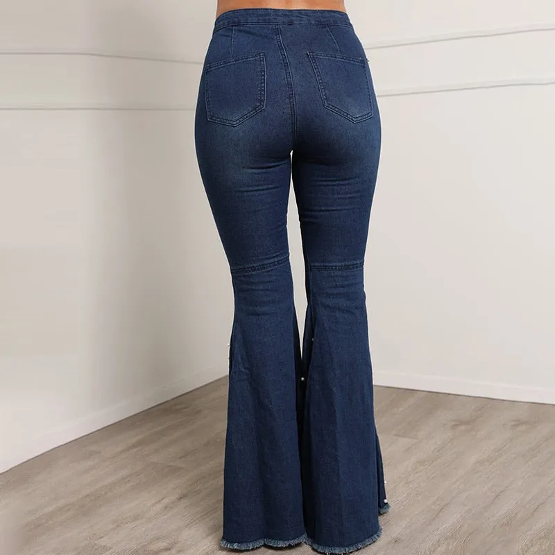 BerriesJam - 2024 Solid Beading Flared High Waist Single-breasted Jeans