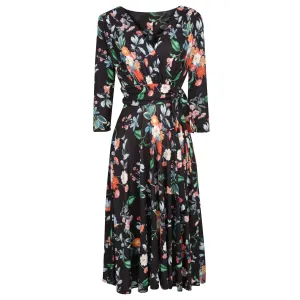 Black Floral Bird Print 3/4 Sleeve V Neck Crossover Top Empire Waist Tea Dress