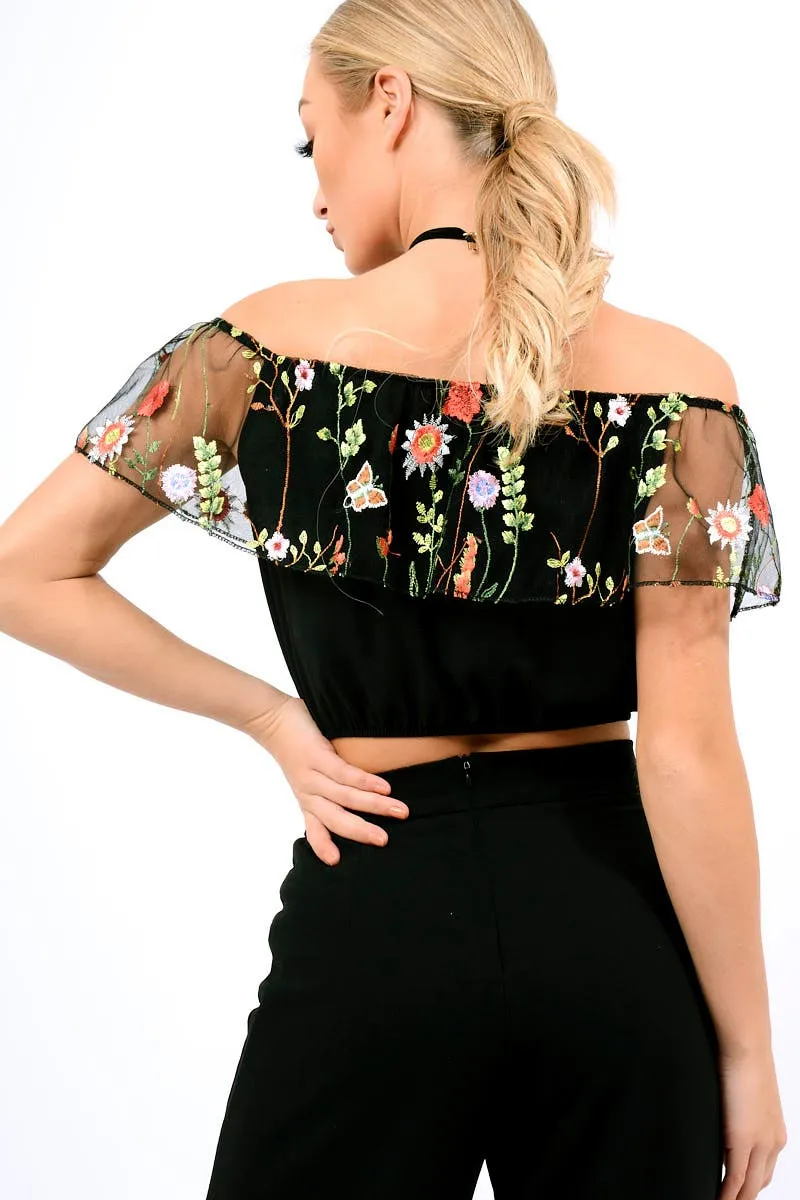 Black Floral Mesh Off Shoulder Crop Top - Paulette