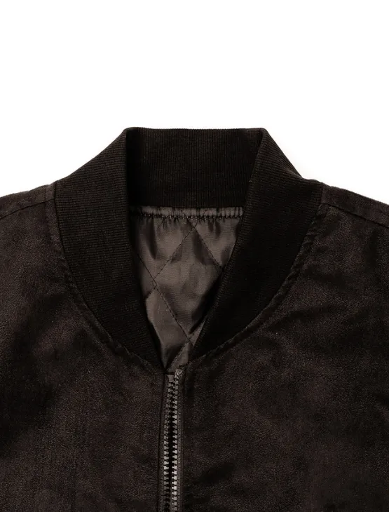 Black Microfiber Suede Bomber Jacket