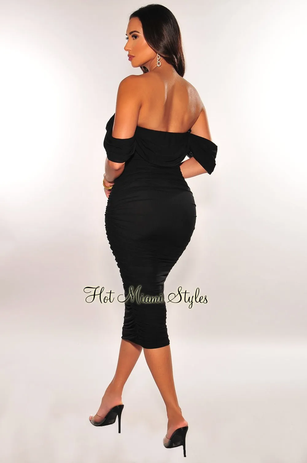 Black Off Shoulder Ruched Dress