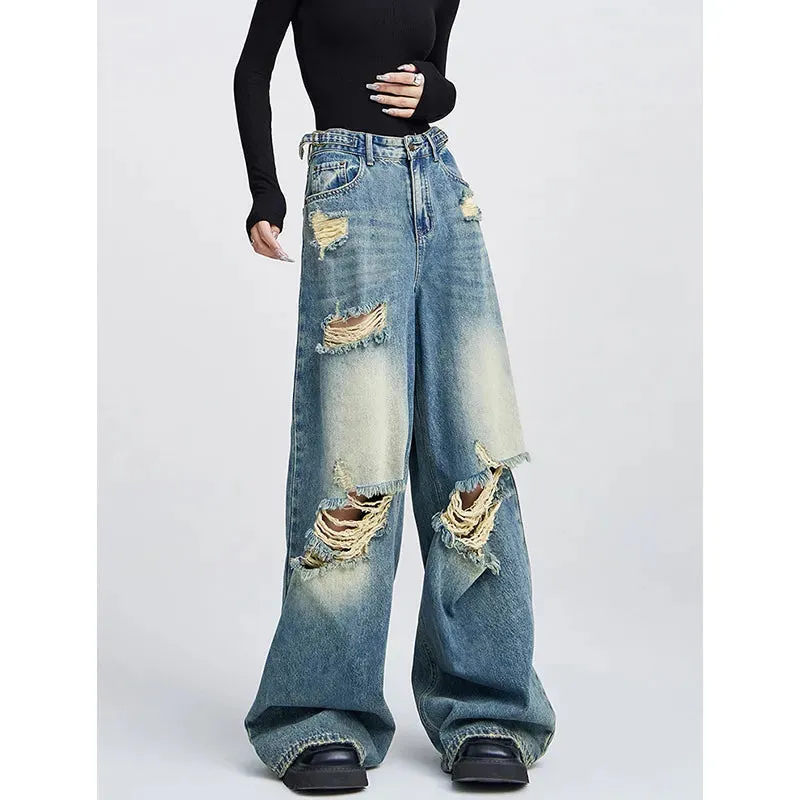 Blue Ripped Wide Leg Pants - Summer American Retro Style