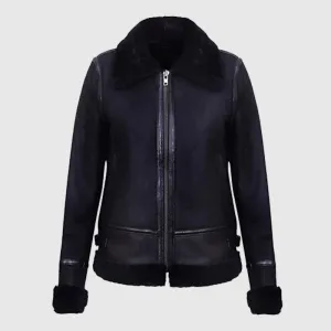 Buy Womens Black Aviator Biker Genuine Sheepskin Shearling Leather Jacket