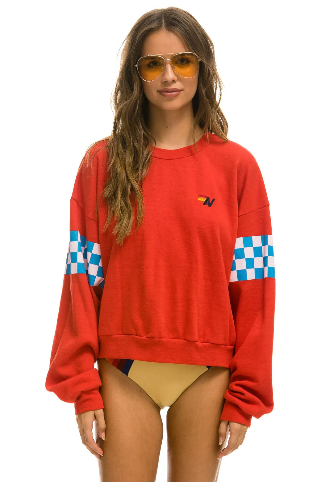 CHECK 2 SLEEVE RELAXED CREW SWEATSHIRT - RED // WHITE // BLUE