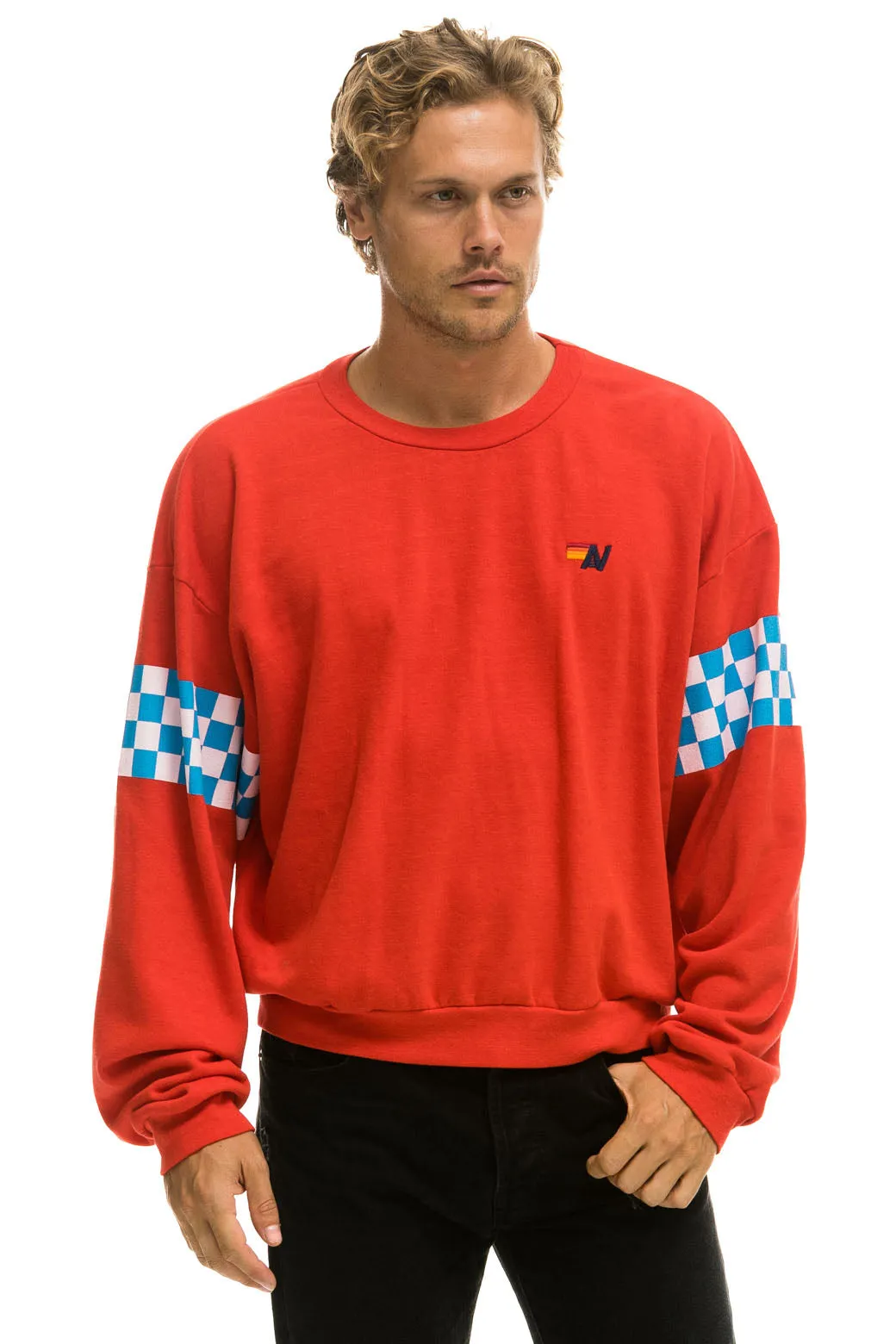 CHECK 2 SLEEVE RELAXED CREW SWEATSHIRT - RED // WHITE // BLUE