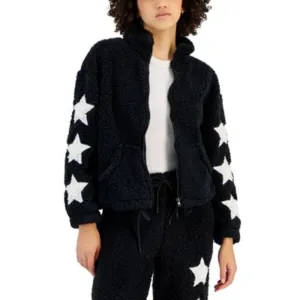 Crave Fame Juniors Black & White Stars Patchwork Zip Up Sherpa Jacket