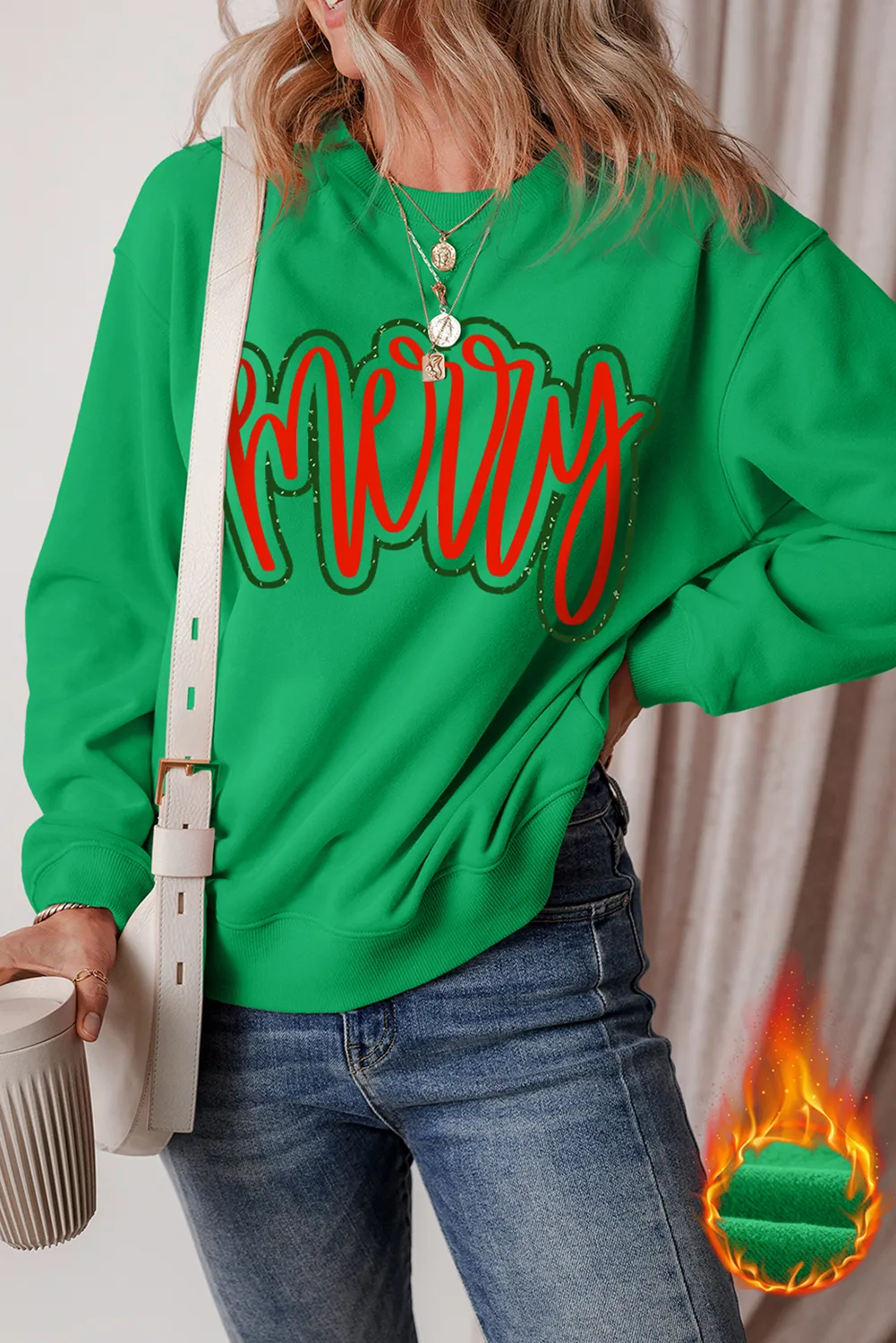 Dark Green Merry Print Fleece Lined Drop Shoulder Christmas Sweatshirt