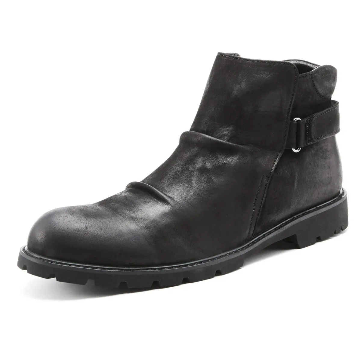 Easy Mind Slip On Adjustable Strap Black Leather Ankle Boots