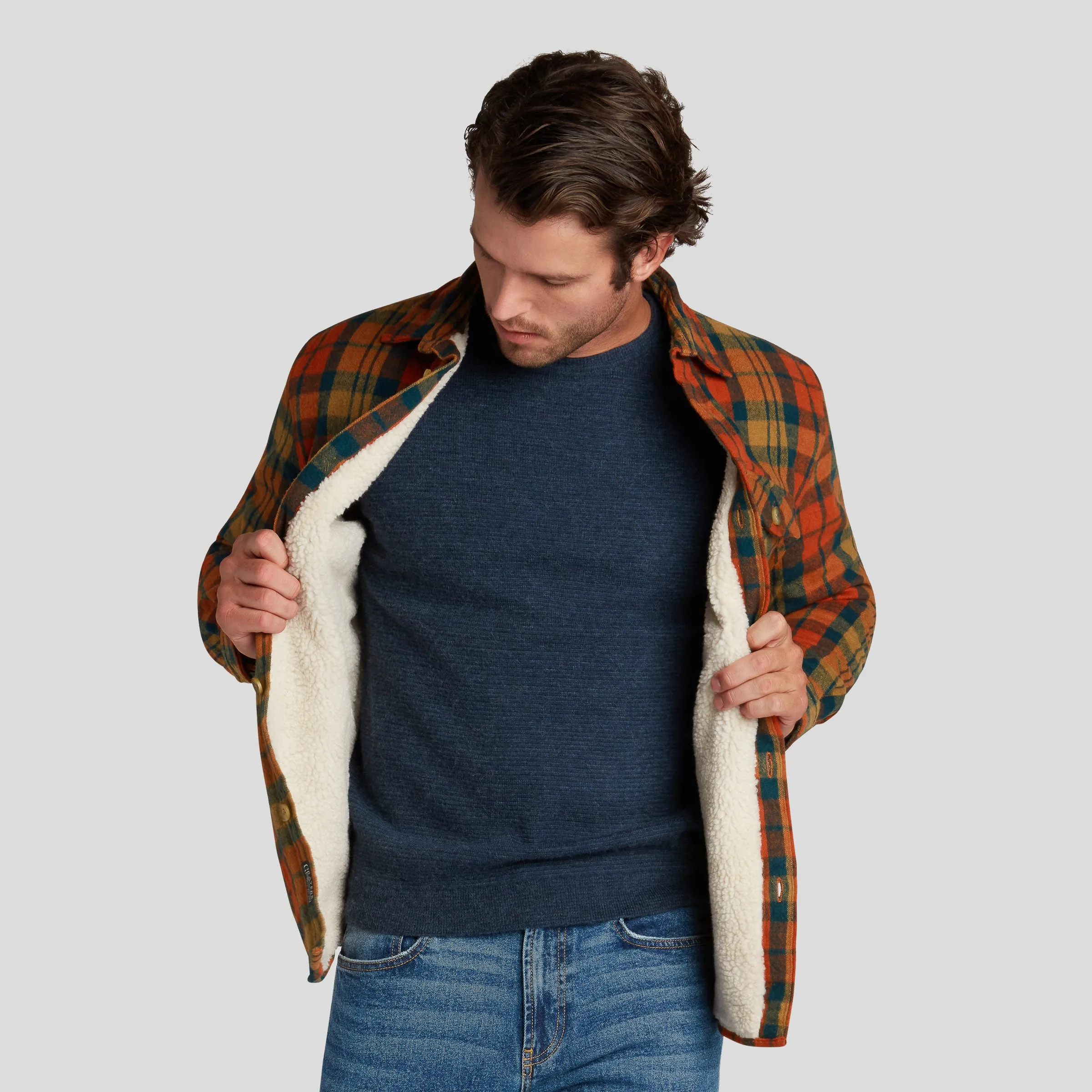 Edmund Sherpa Lined Shirt Jacket - Orange Rust Plaid