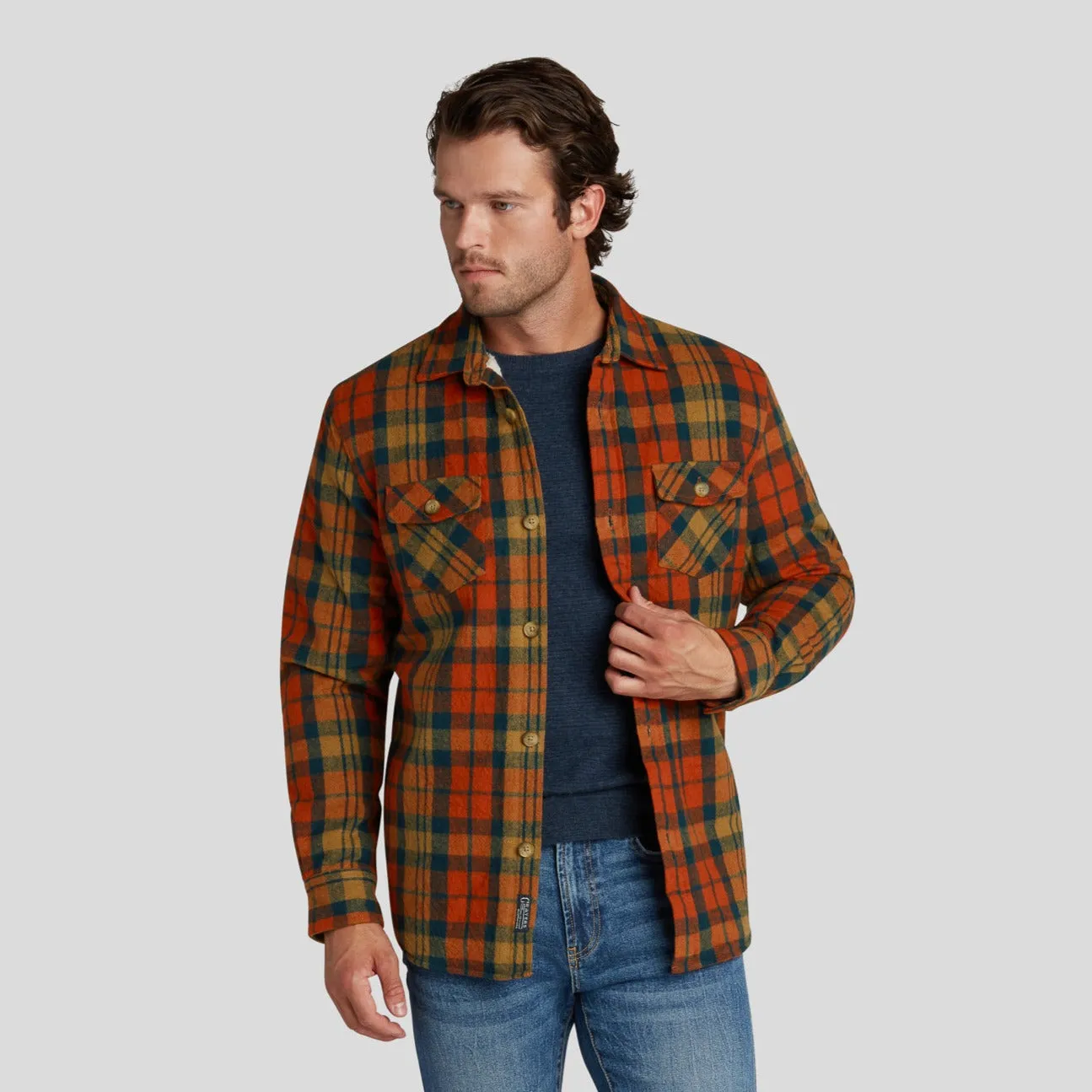 Edmund Sherpa Lined Shirt Jacket - Orange Rust Plaid