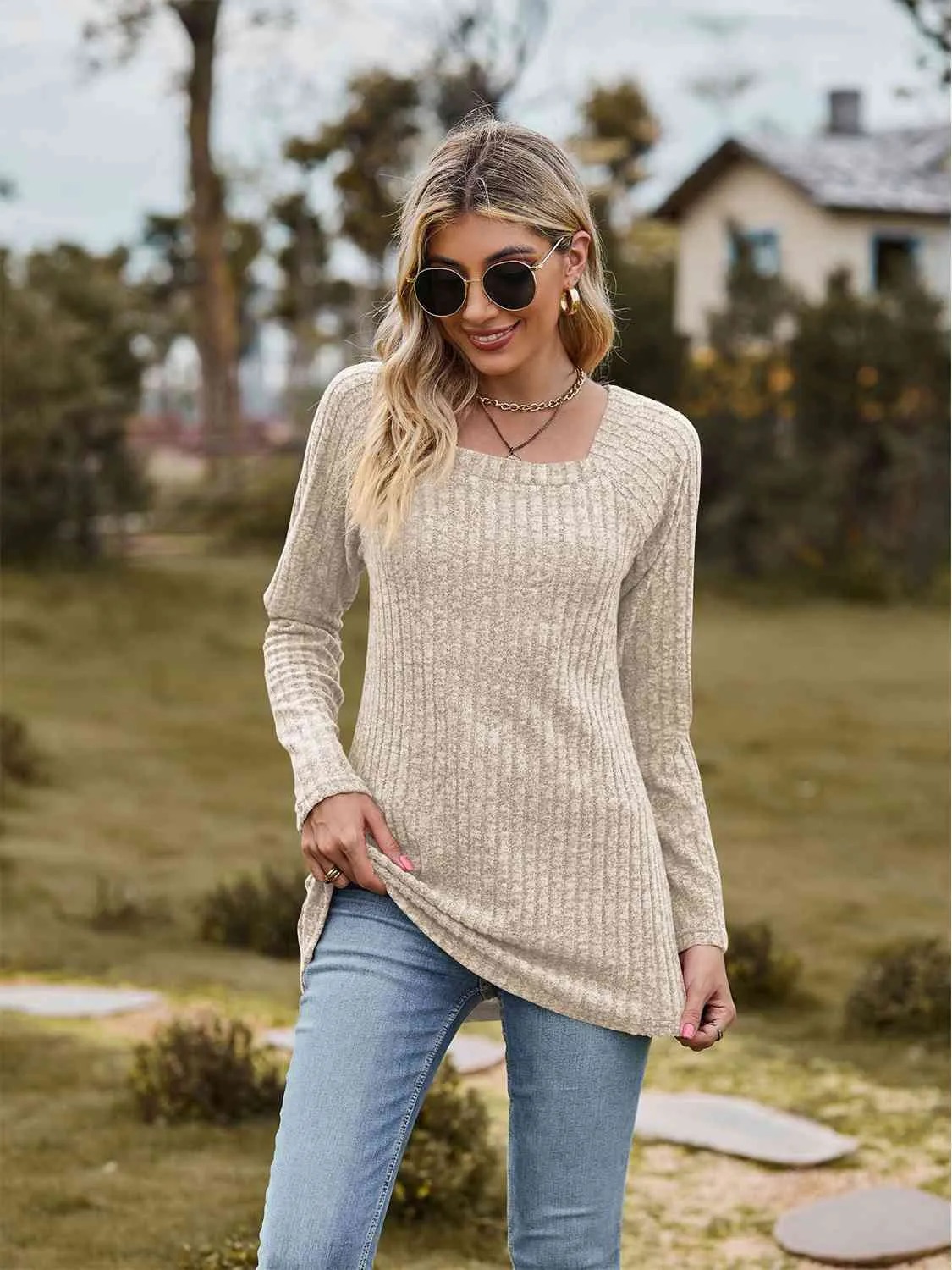 Full Size Ribbed Square Neck Long Sleeve T-Shirt