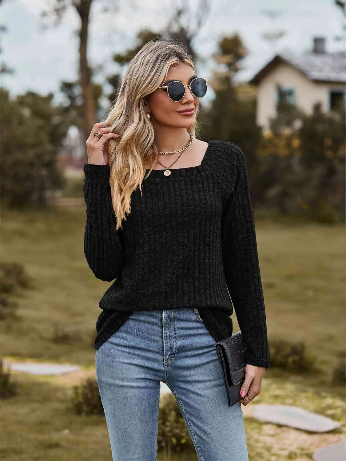 Full Size Ribbed Square Neck Long Sleeve T-Shirt