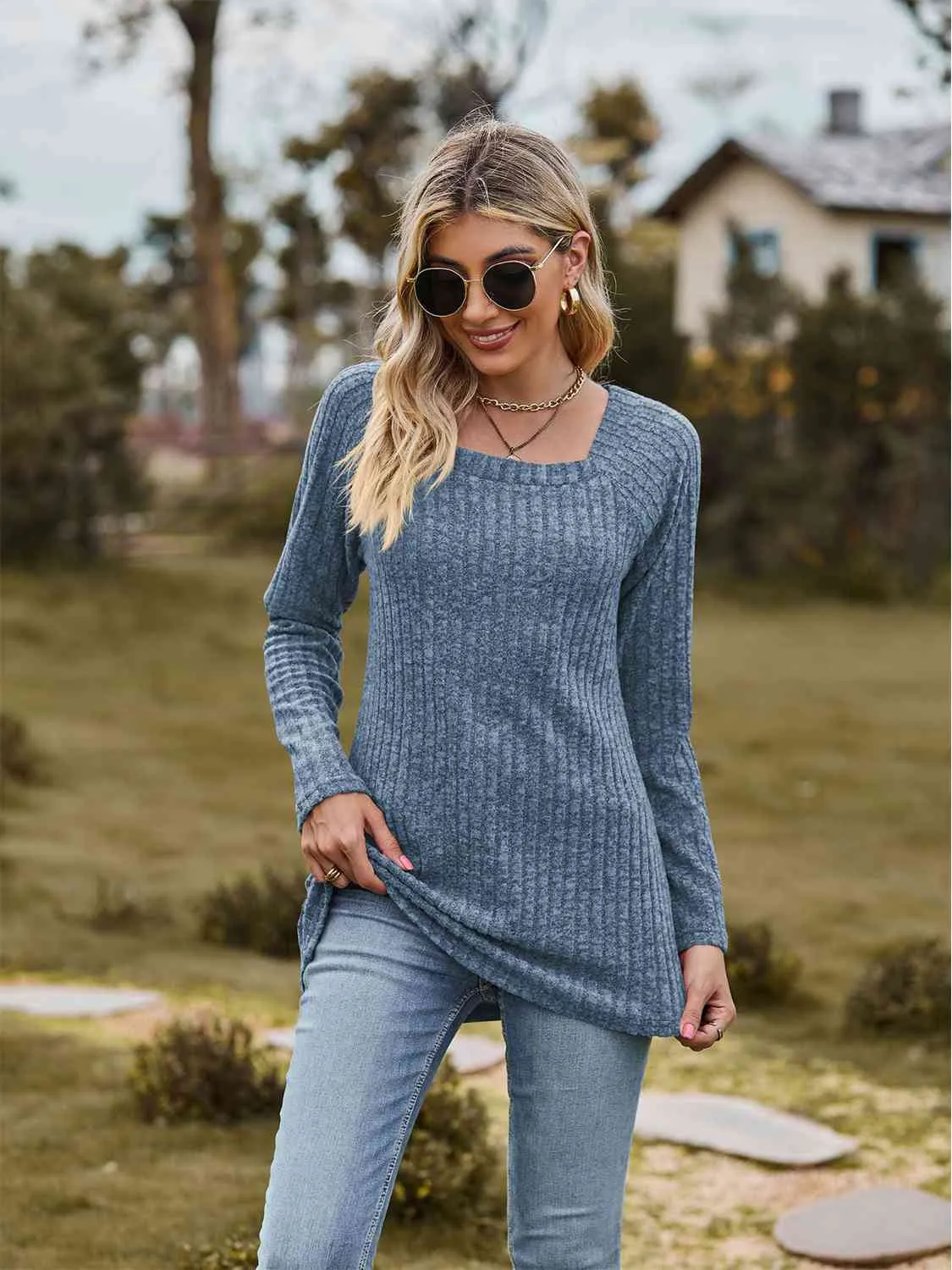 Full Size Ribbed Square Neck Long Sleeve T-Shirt