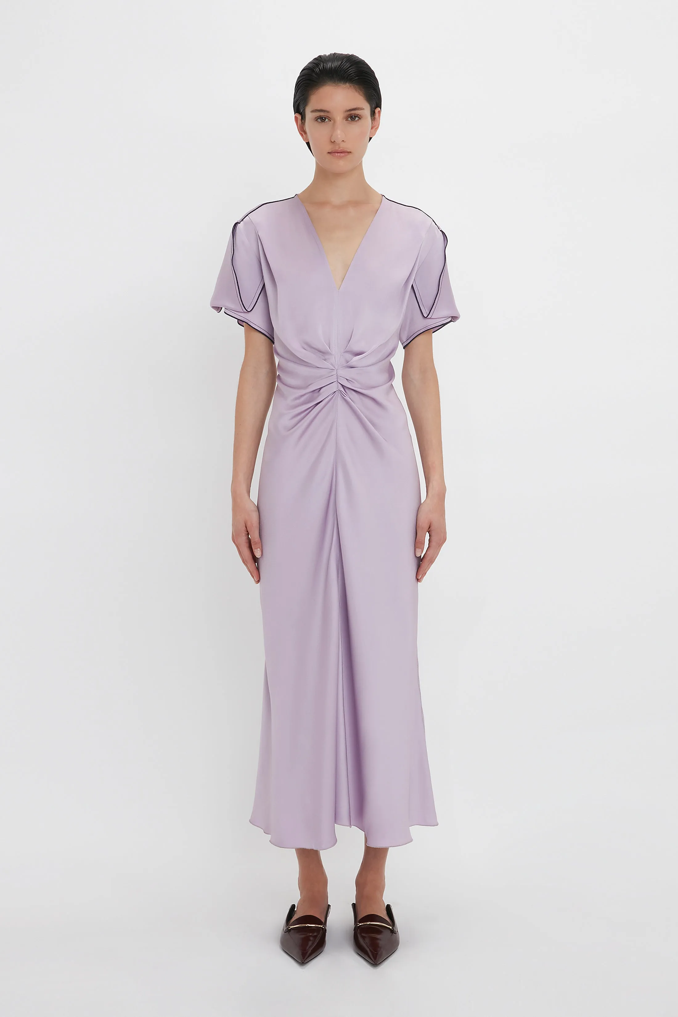 Gathered V-Neck Midi Dress In Petunia