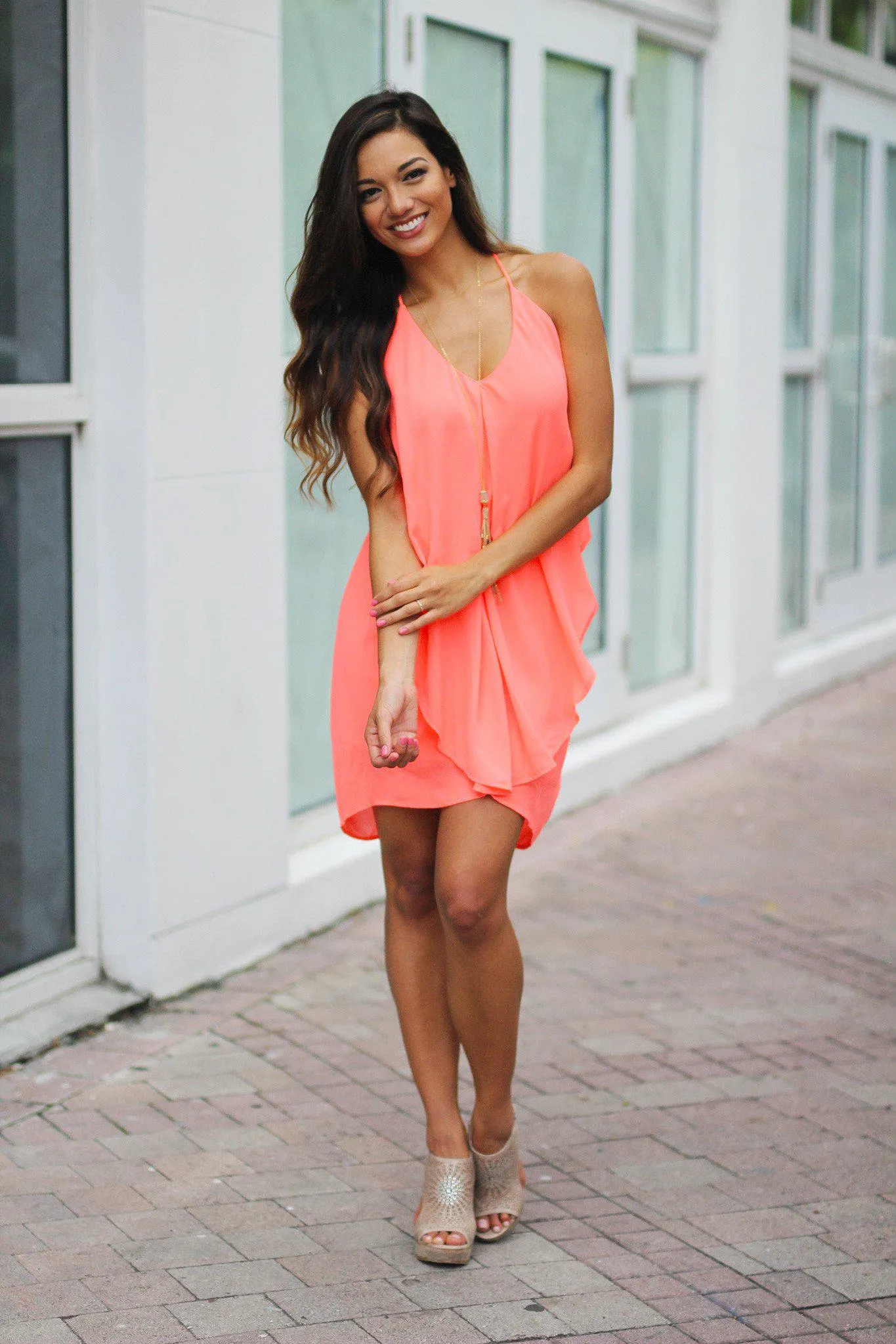 Layered Neon Coral Short Dress