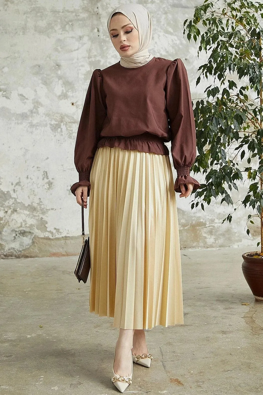 Leather Look Long Maxi Skirt for Women - Creamy Beige