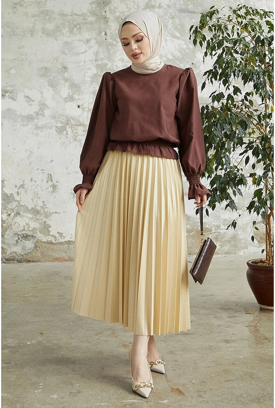 Leather Look Long Maxi Skirt for Women - Creamy Beige