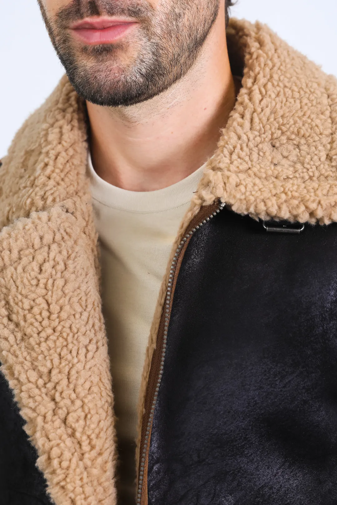 Men's Washed Suede Black Jacket w/ Faux Shearling-lined