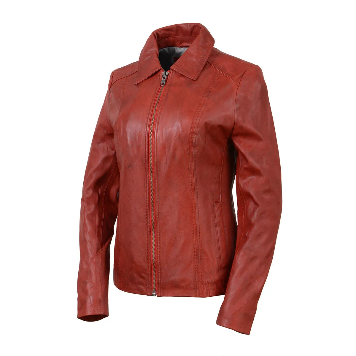 Milwaukee Leather SFL2850 Women's Classic Red Zippered Motorcycle Style Fashion Leather Jacket with Shirt Style Collar