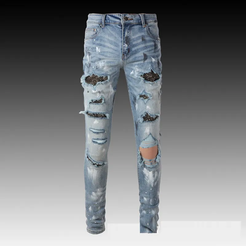 NEW Men's Knife Ripped Studded Premium Jeans