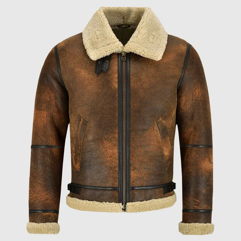 New Style Men Genuine Distressed Brown Leather Shearling Jacket