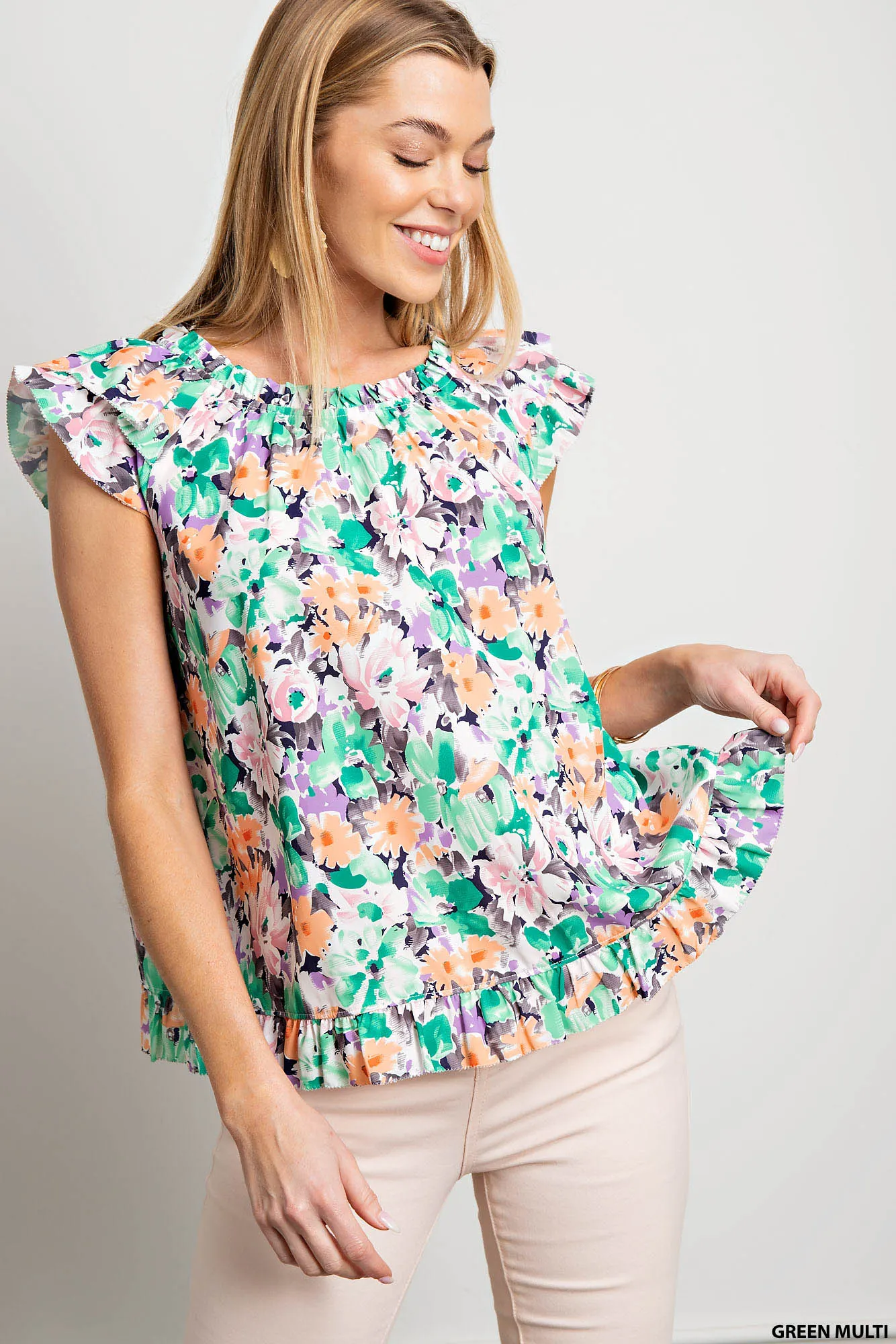 Poly printed fabric lined double layers ruffle sleeves top - multiple colors available