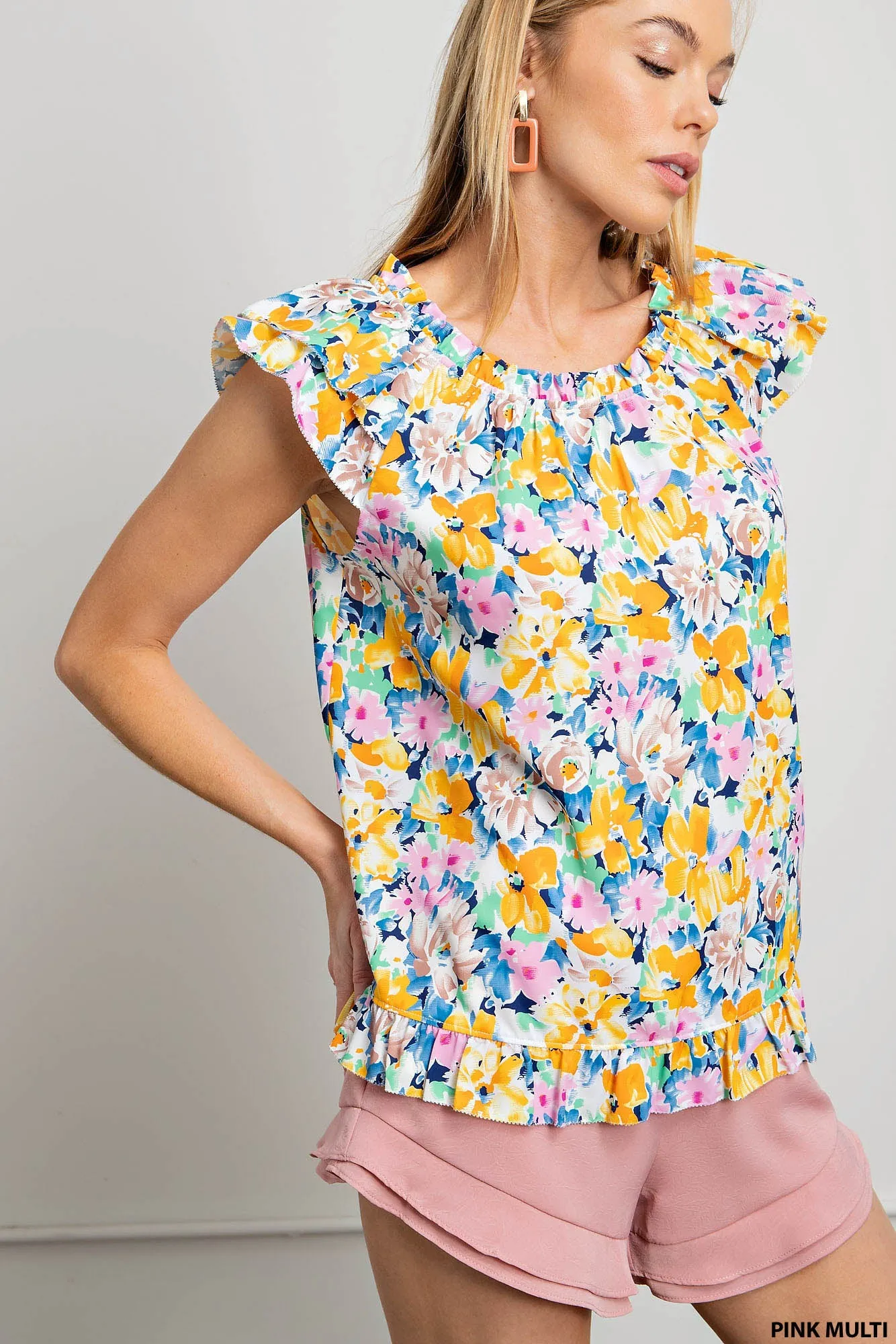 Poly printed fabric lined double layers ruffle sleeves top - multiple colors available