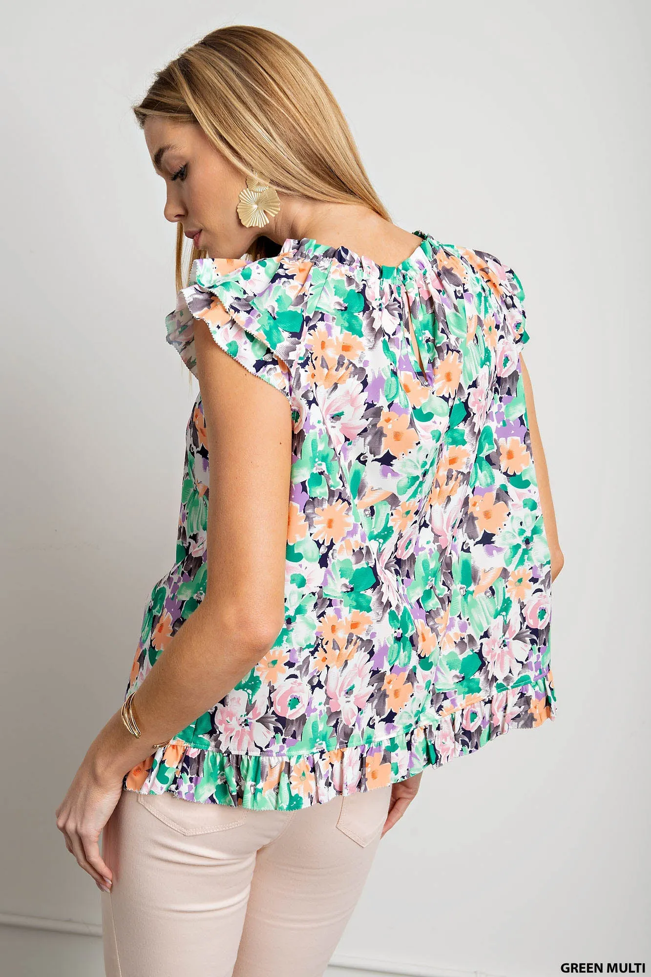 Poly printed fabric lined double layers ruffle sleeves top - multiple colors available