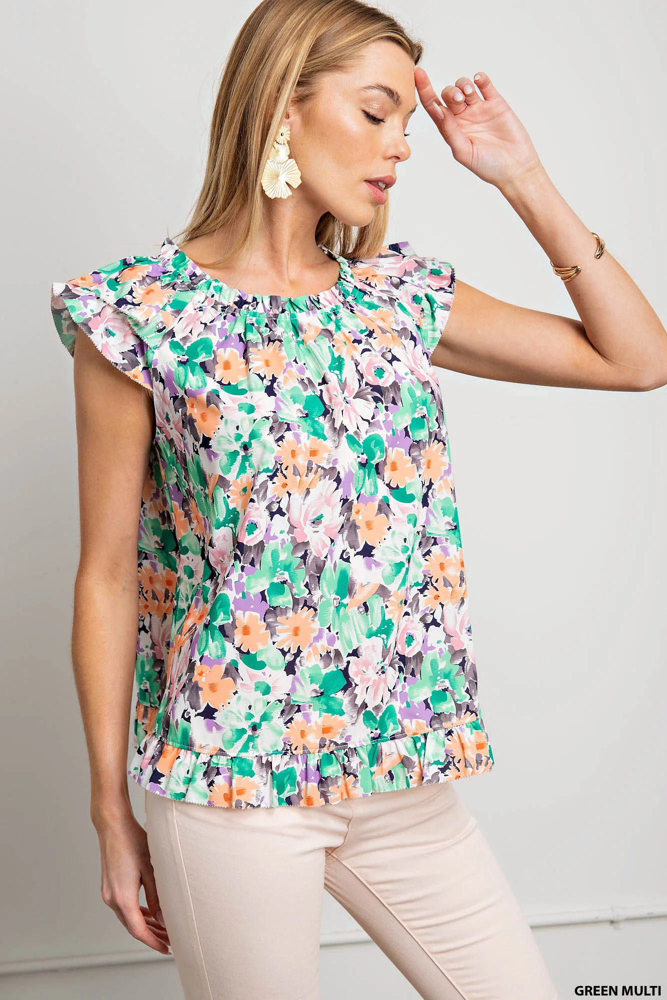 Poly printed fabric lined double layers ruffle sleeves top - multiple colors available