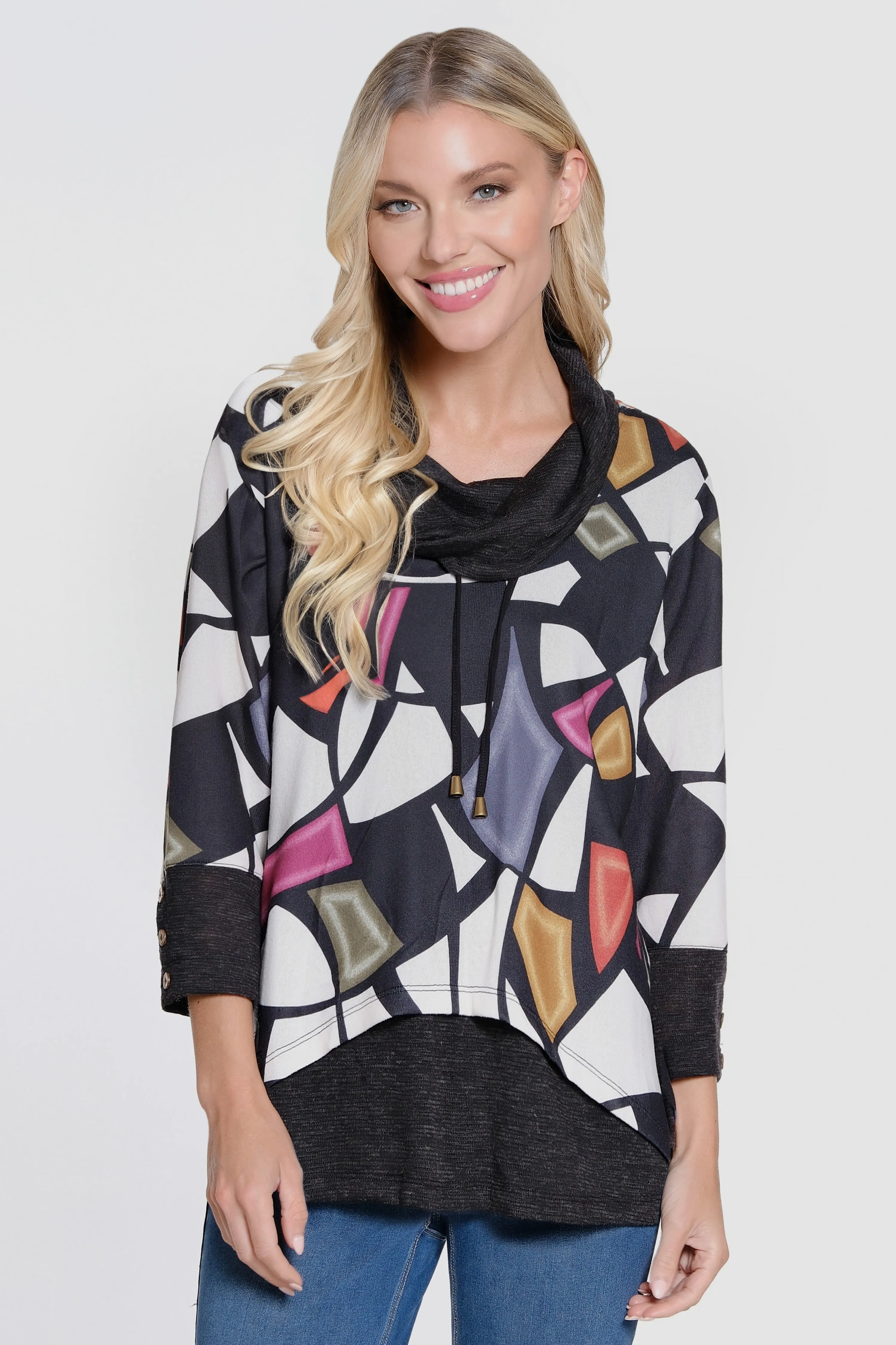 Printed Brushed Knit Cowl Neck - Petite - Geo Multi