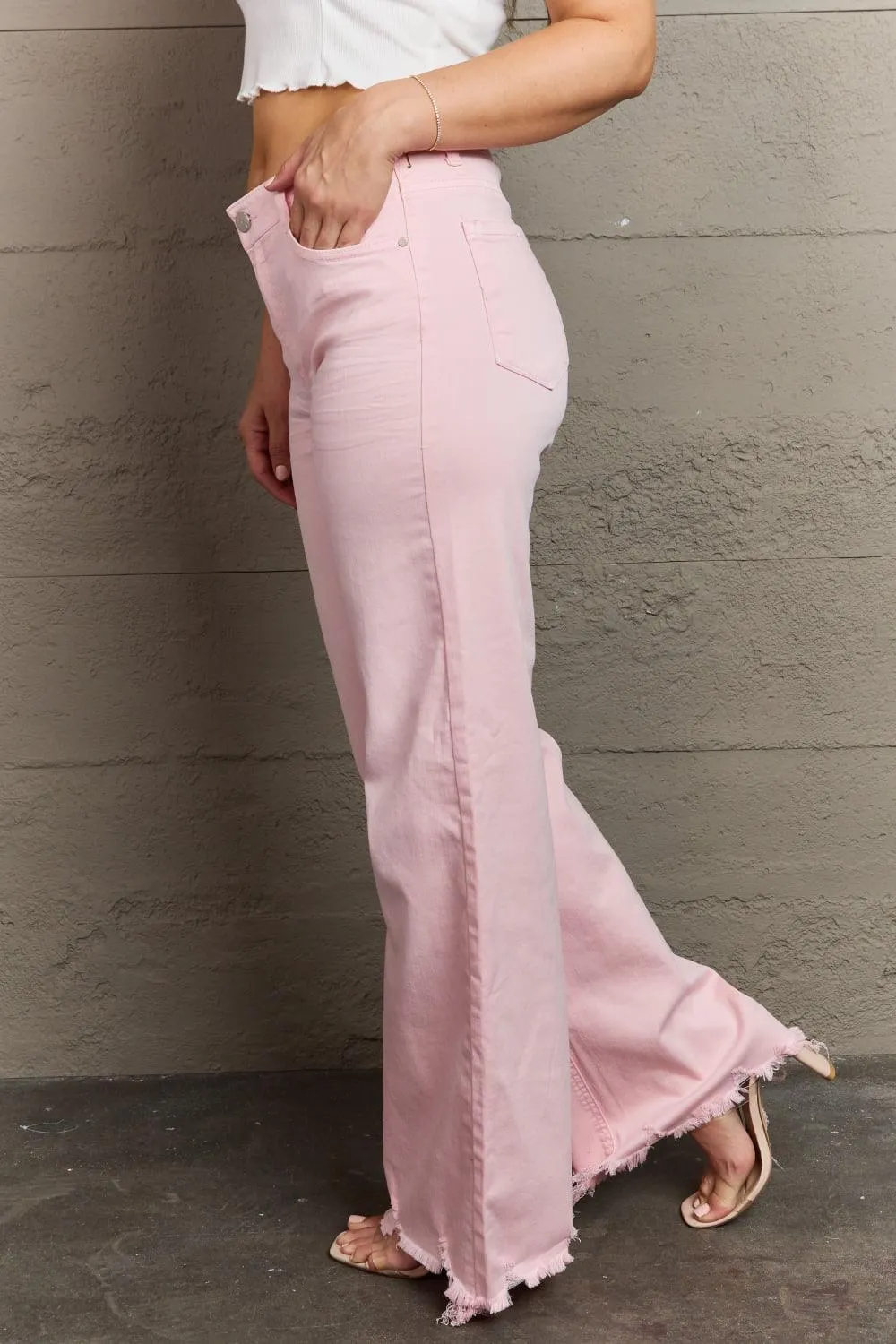 RISEN Raelene Full Size High Waist Wide Leg Jeans in Light Pink