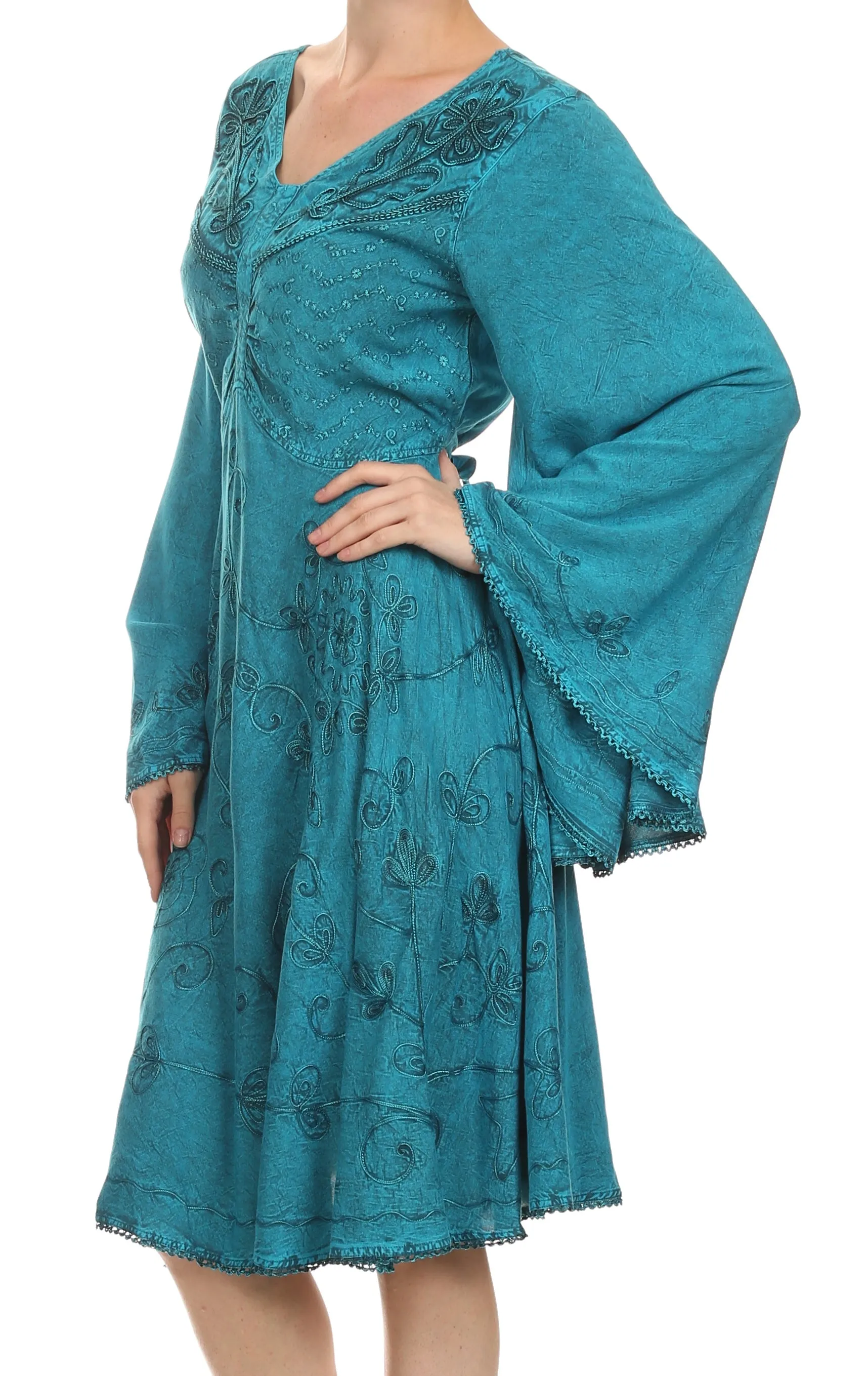 Sakkas Addyson Drop Neck Long Sleeve Embroidered Boho Dress