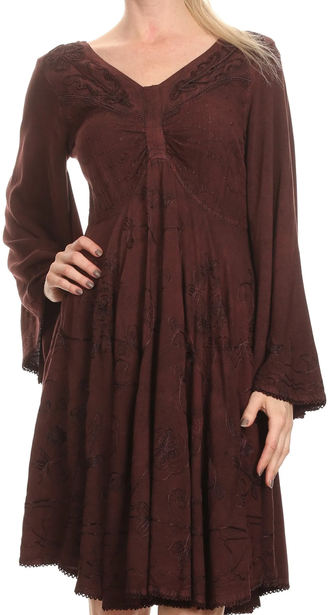 Sakkas Addyson Drop Neck Long Sleeve Embroidered Boho Dress