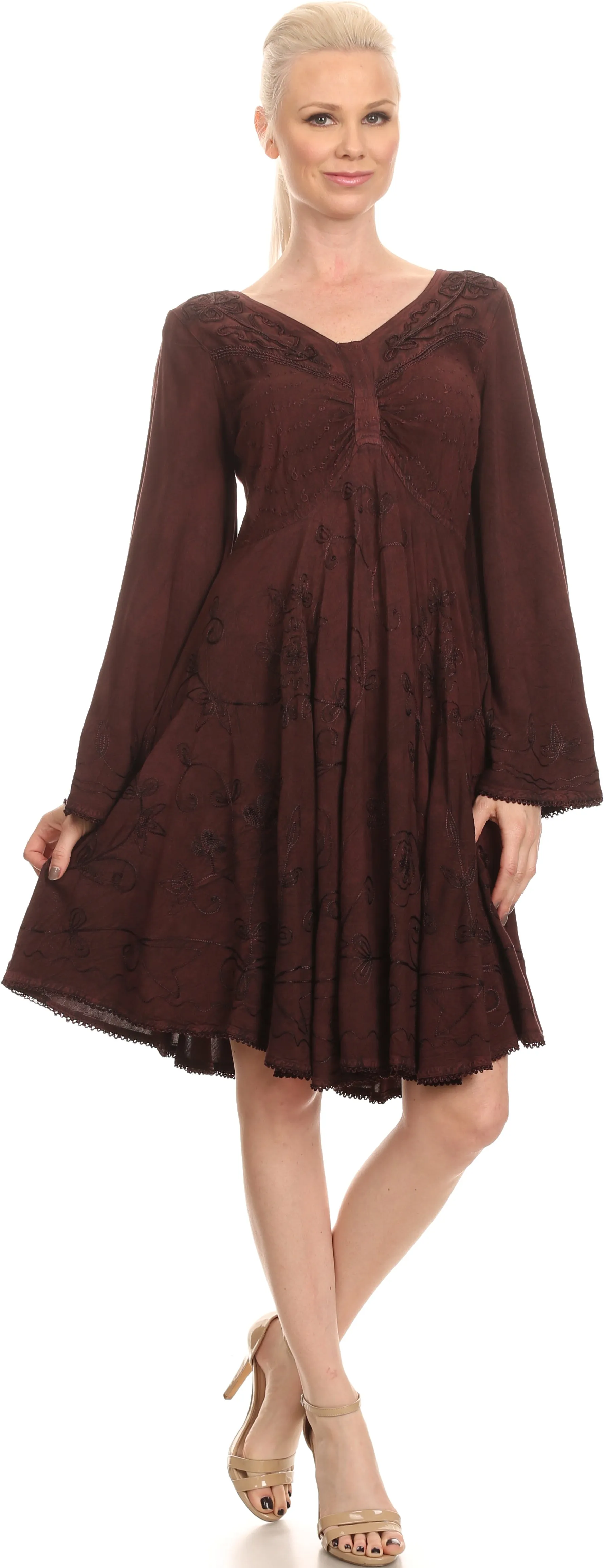 Sakkas Addyson Drop Neck Long Sleeve Embroidered Boho Dress