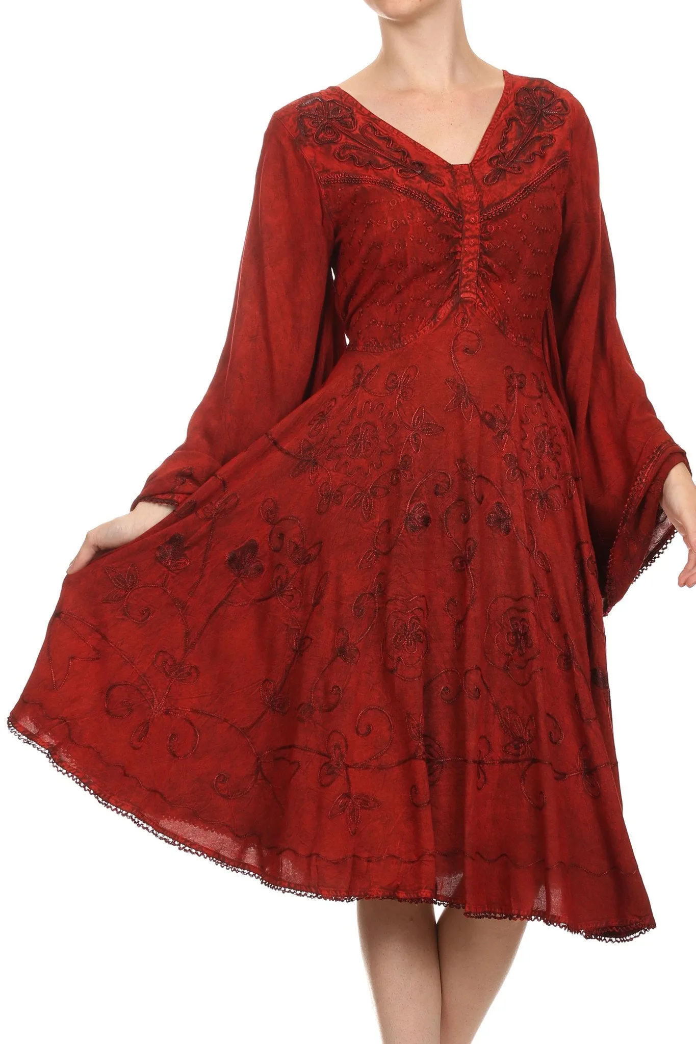 Sakkas Addyson Drop Neck Long Sleeve Embroidered Boho Dress