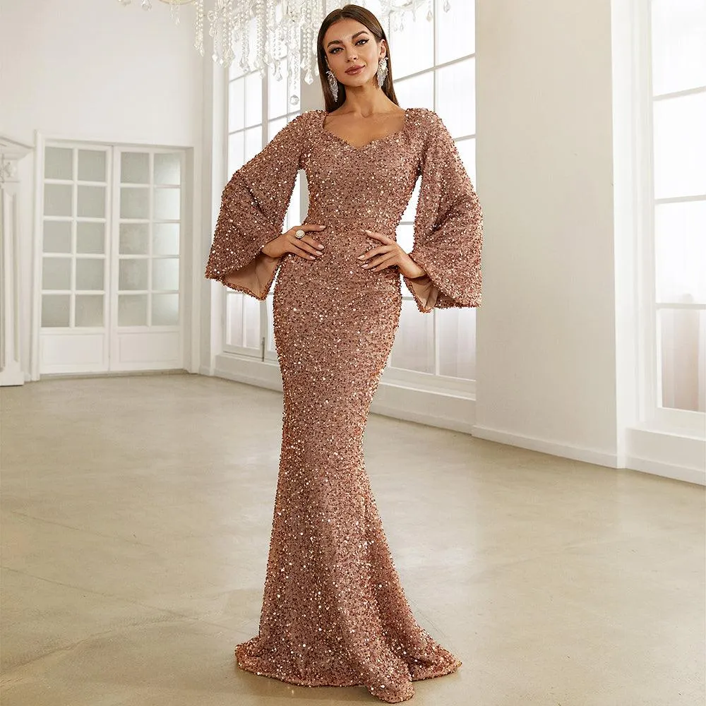 Shimmering Trumpet Sleeves Sequin Dress