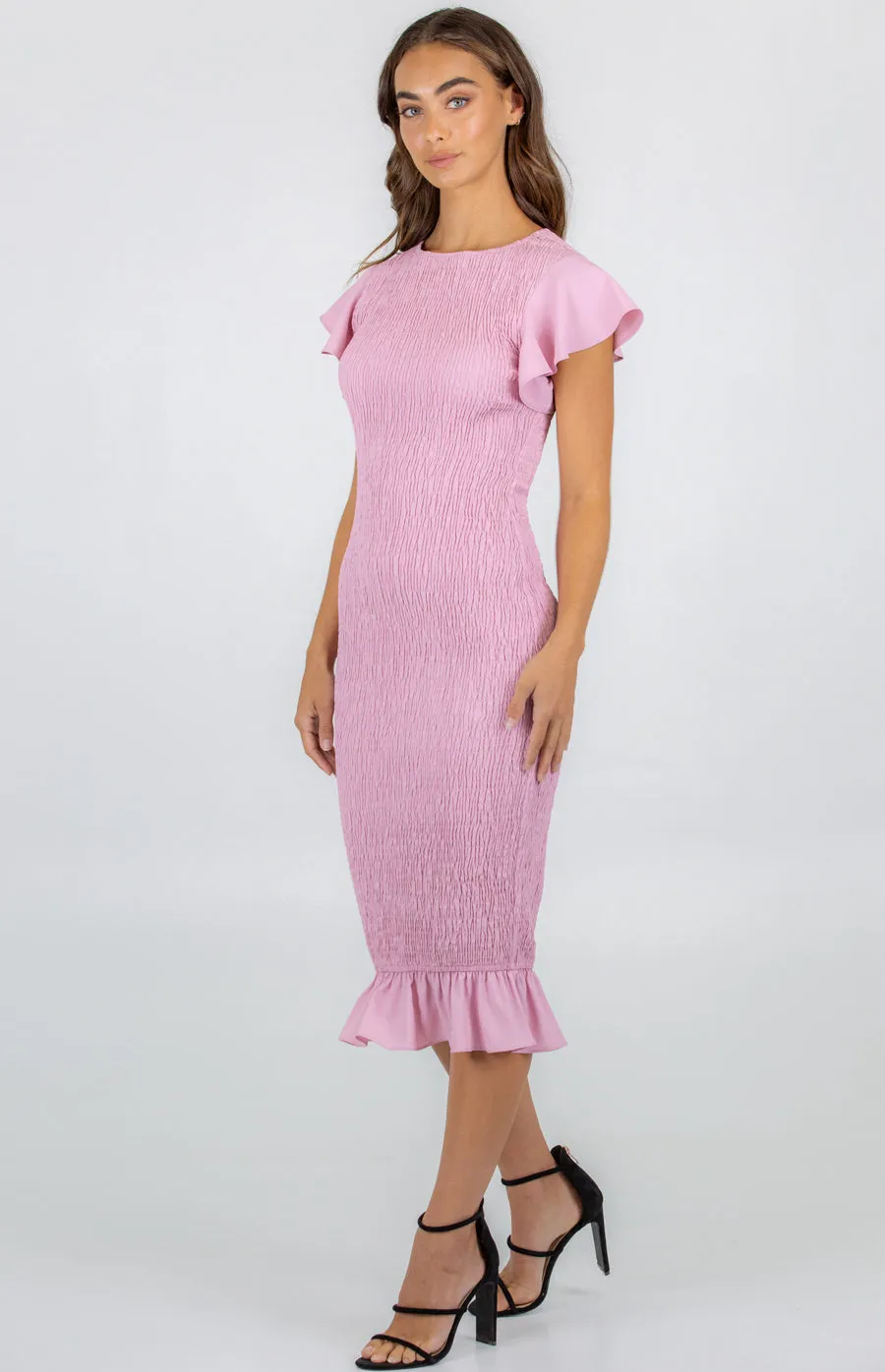 Shirred Midi Dress with  Butterfly Sleeve