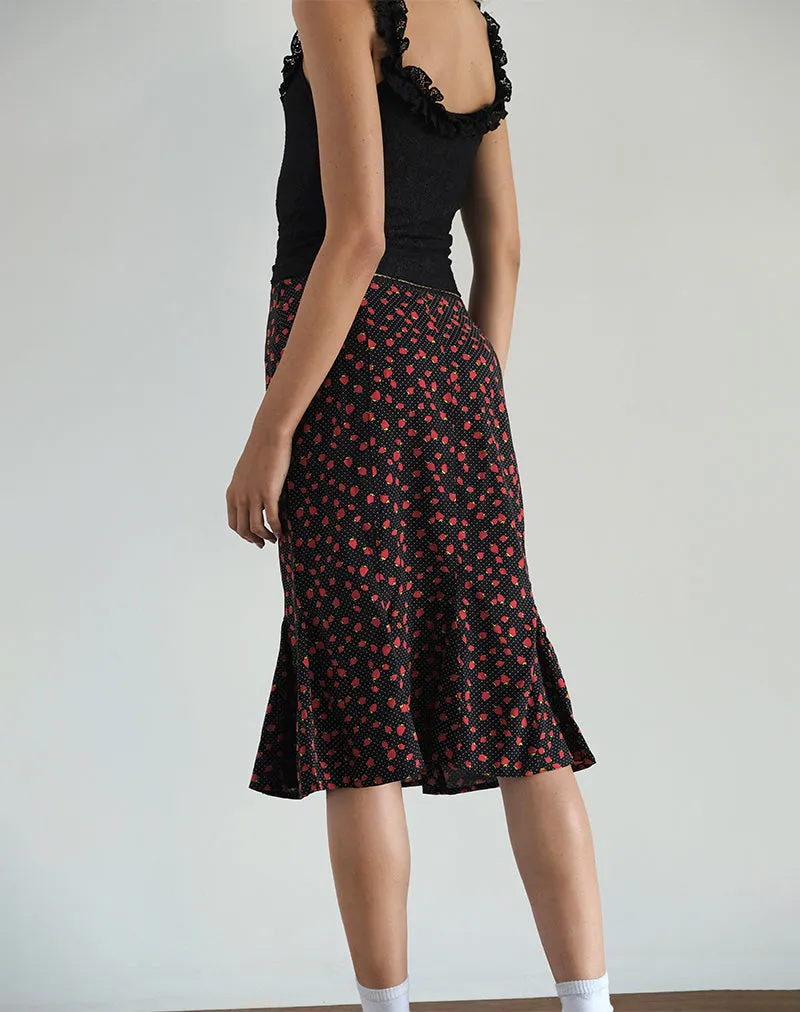 Sima Midi Skirt in Strawberry Polka Black