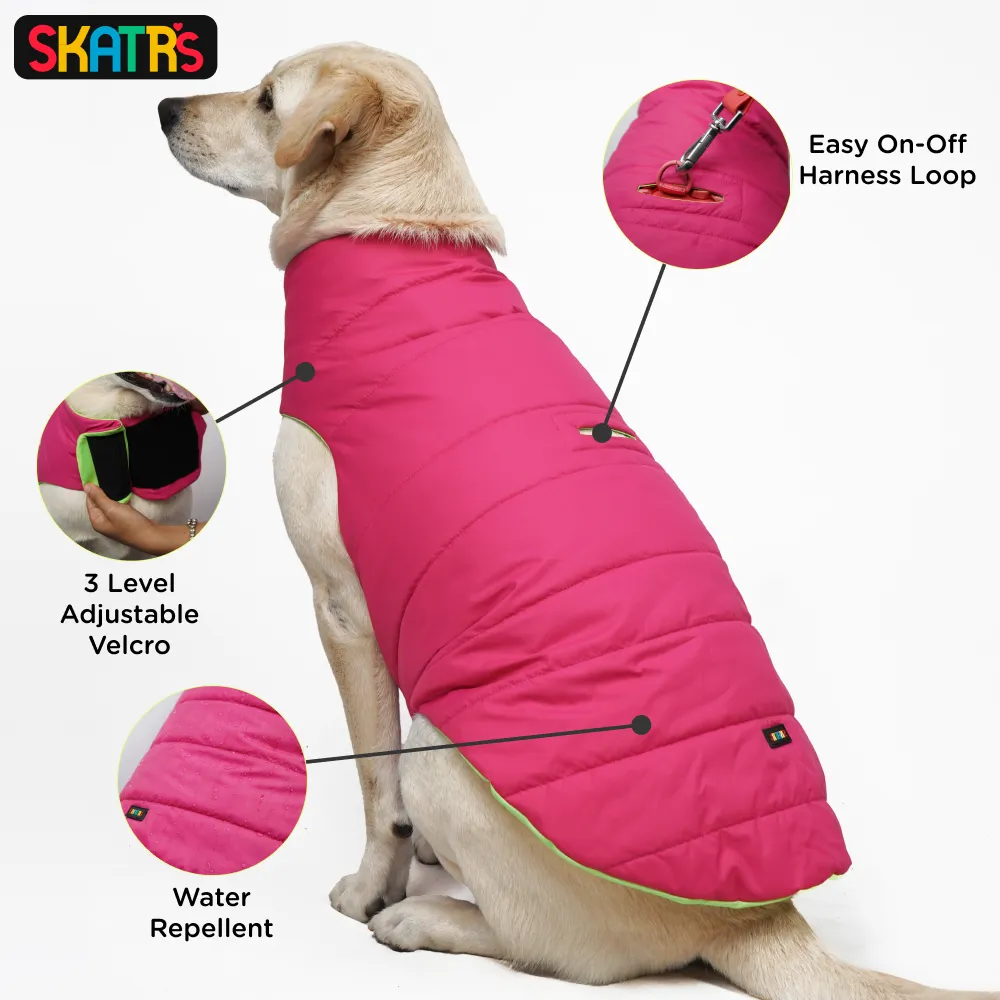 Skatrs Vibrant Hot Pink Reversible Puffer Jacket for Dogs and Cats with Adjustable Velcro Closure