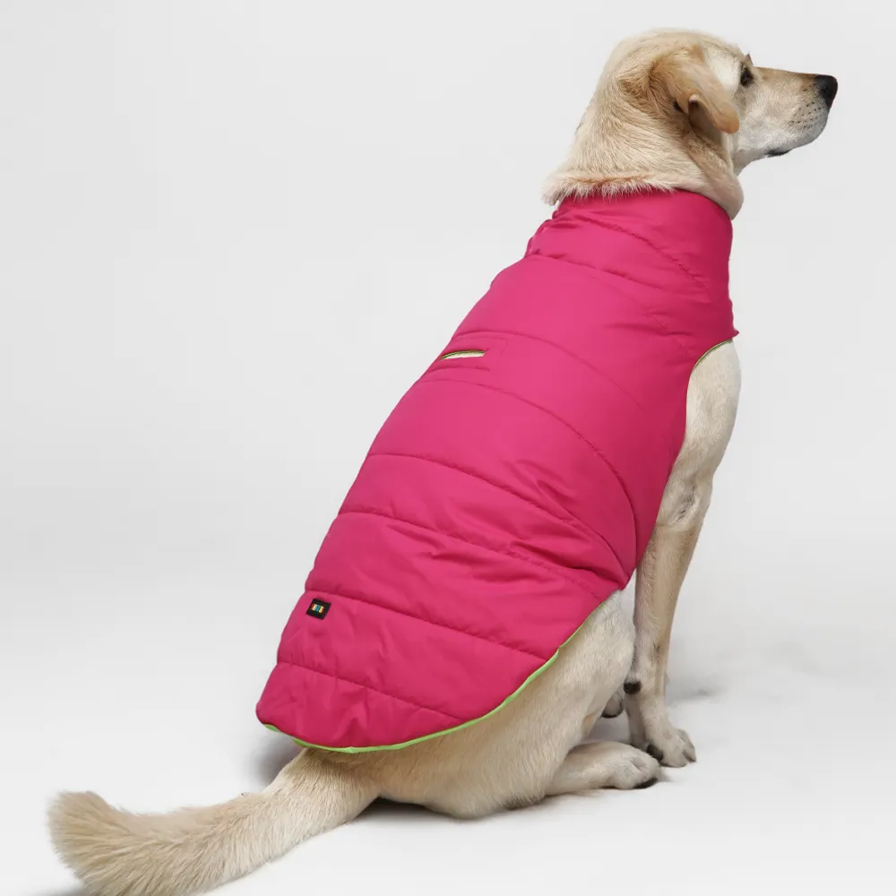 Skatrs Vibrant Hot Pink Reversible Puffer Jacket for Dogs and Cats with Adjustable Velcro Closure