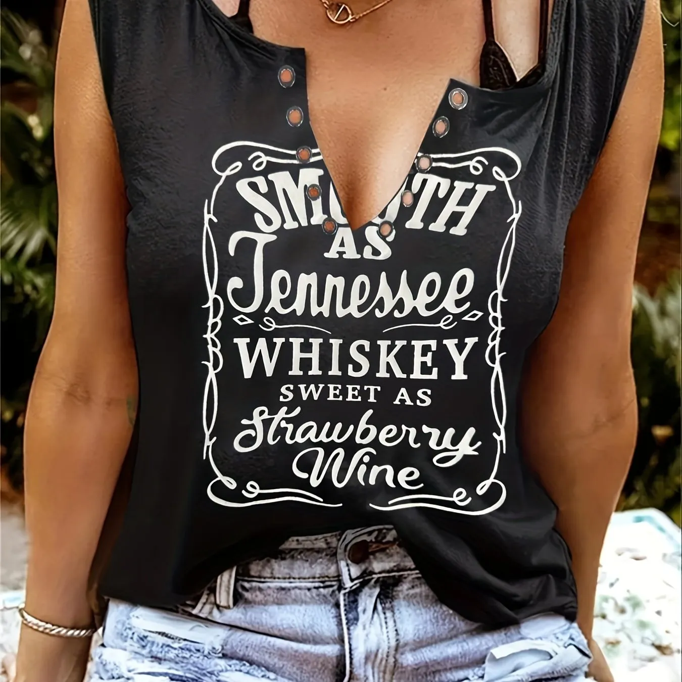 Sleeveless Whiskey Print Tee Perfect for Spring  Summer