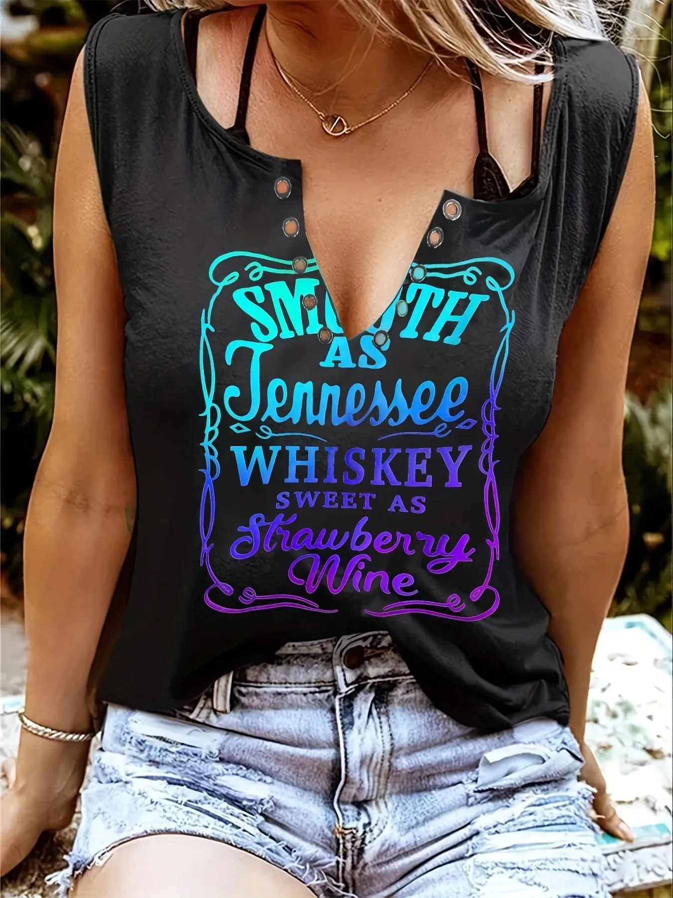 Sleeveless Whiskey Print Tee Perfect for Spring  Summer